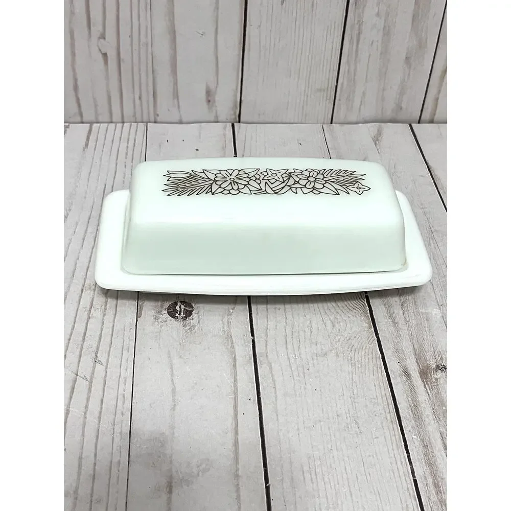 Vintage Pyrex 72-B Woodland 2 Pc Butter Dish Set w/ Lid Milk Glass Rectangle MCM
